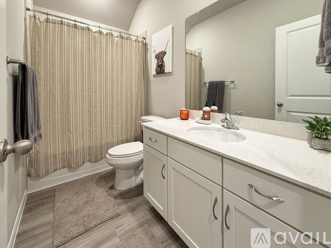 A bathroom with a toilet, sink, and shower curtain.