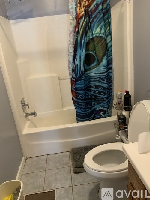 A bathroom with a white toilet and a shower curtain with a blue and green design.