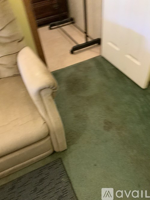 A white sofa with a green carpet in front of it.