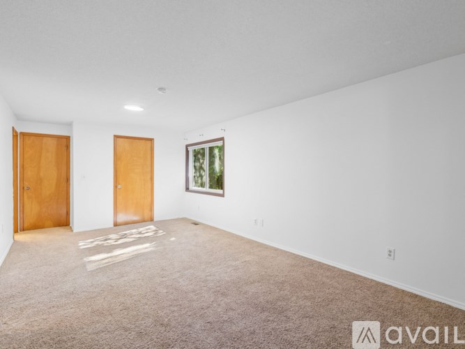 A room with two doors and a carpeted floor.