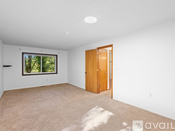 A room with a carpeted floor, a door, and a window with a view of trees outside.