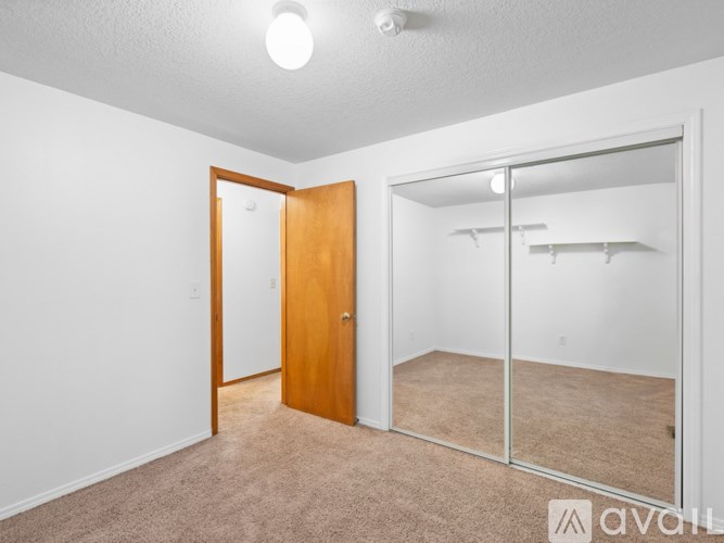 A room with a carpeted floor, a wooden door, and a mirrored wall.