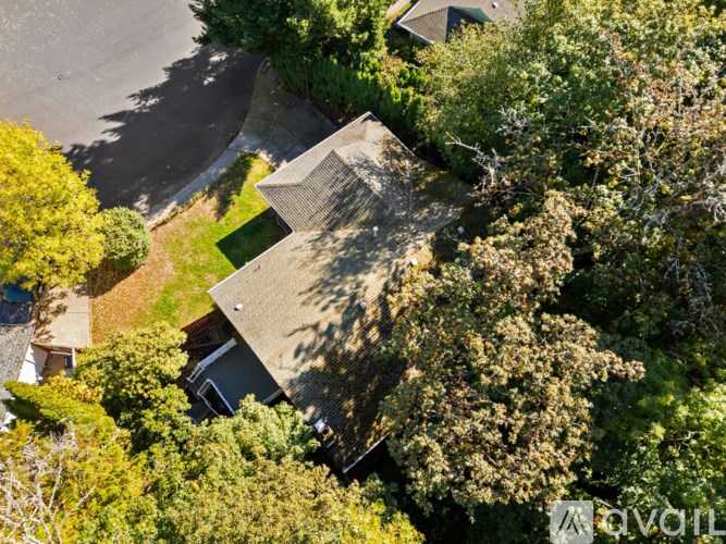 A bird's eye view of a residential area with houses and trees.