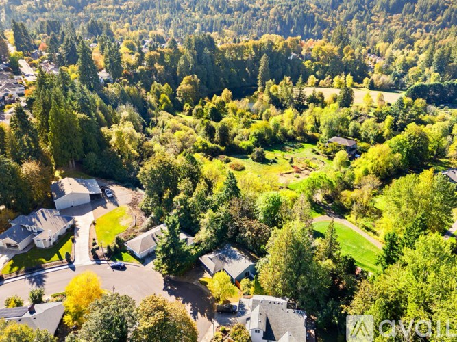 A bird's eye view of a residential area surrounded by trees.