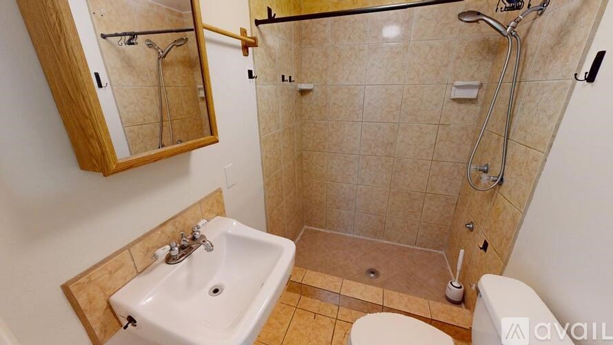 A bathroom with a sink, toilet, and shower.