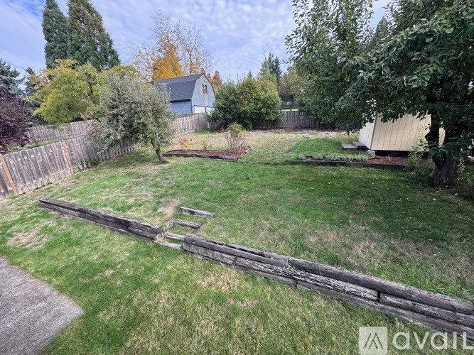 A backyard with a wooden fence and a small shed.