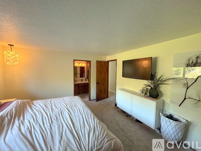 A bedroom with a bed, a dresser, a mirror, and a TV.