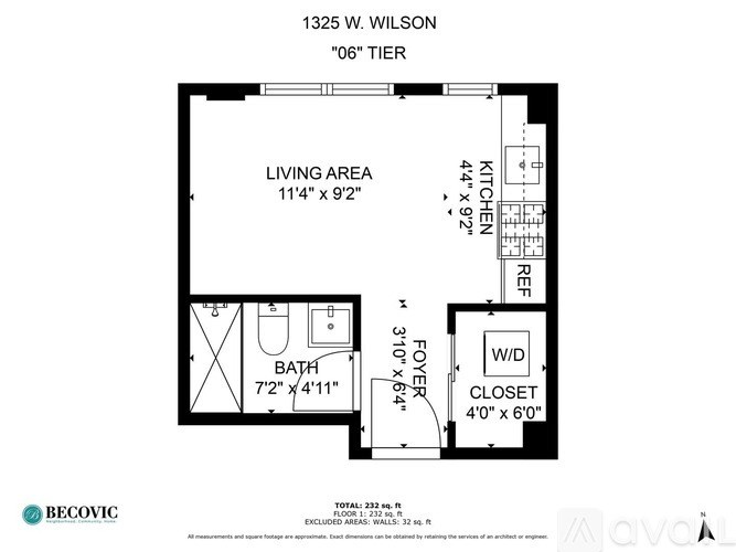 A floor plan for a 06" tier apartment at 1325 W. Wilson shows a living area, bathroom, kitchen, and closet.