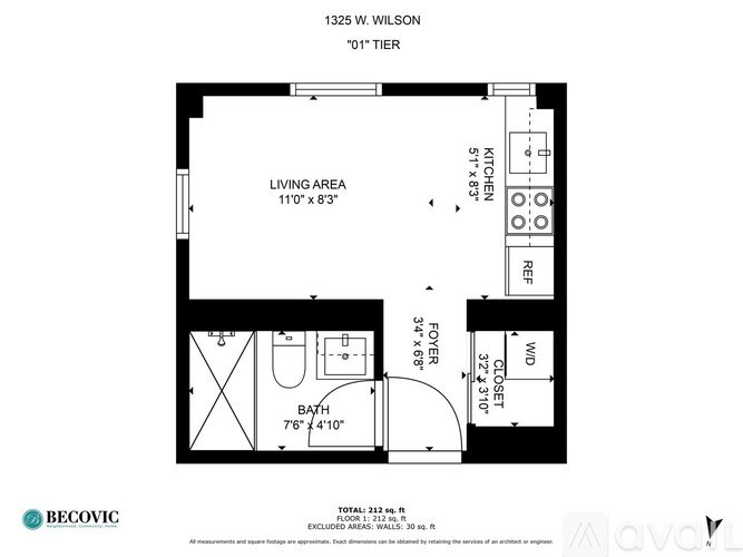 A black and white image of a floor plan for a 1-bedroom apartment.