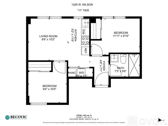A floor plan for a 1325 W Wilson apartment shows a living room, a dining room, a kitchen, and two bedrooms.