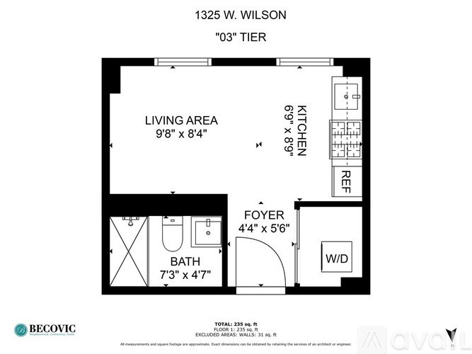 A floor plan for a 03" tier apartment at 1325 W. Wilson shows a living area, kitchen, foyer, and bath.
