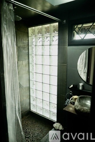 A bathroom with a shower curtain and a mirror.