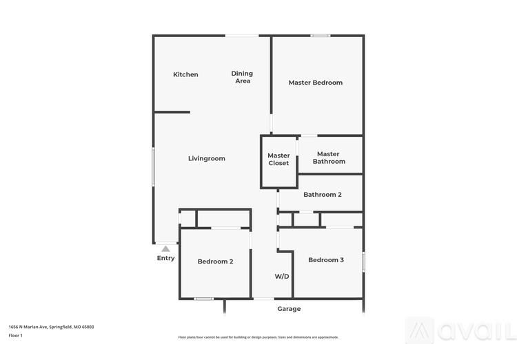 A floor plan of a house with a kitchen, dining area, living room, two bedrooms, two bathrooms, and a garage.