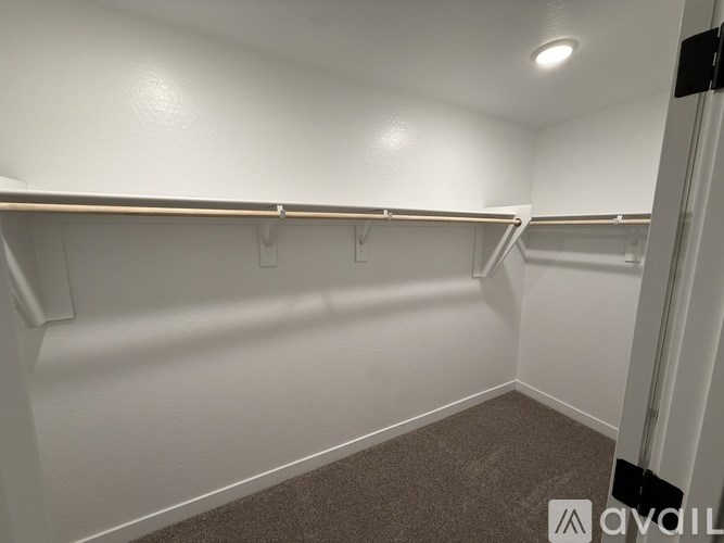 Empty white closet with shelves and a carpeted floor.