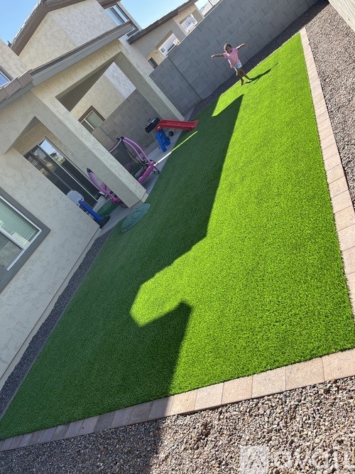 A person is standing on a green lawn with their shadow cast on the ground.