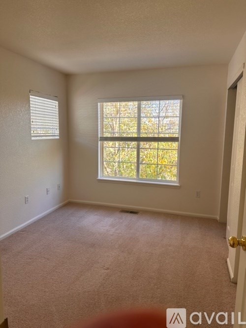 A room with a window and carpeted floor.