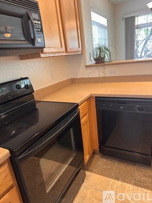 A kitchen with black appliances and wooden cabinets.