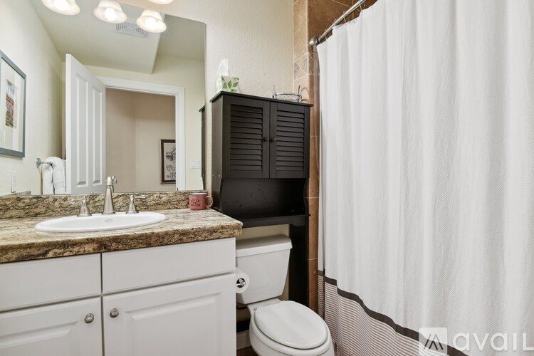 A bathroom with a sink, toilet, and a shower curtain.