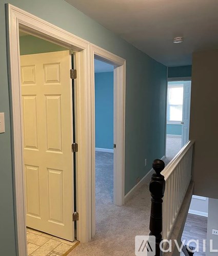 A white door with a black handle is open.