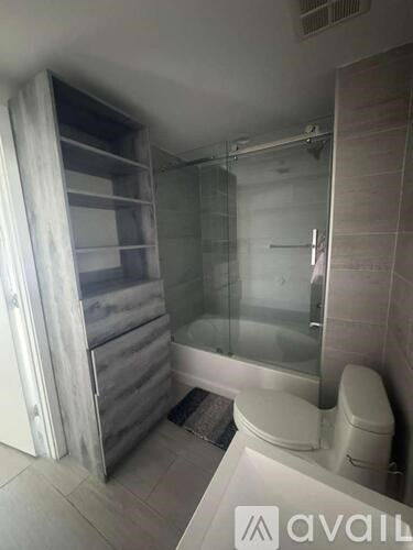 A bathroom with a walk-in shower and a toilet.