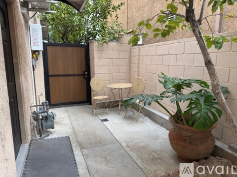 A patio with a table and chairs and a potted plant.