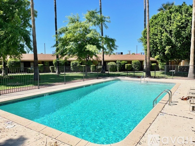 A swimming pool surrounded by a fence and trees.