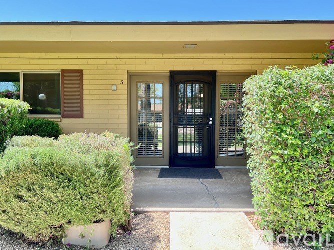 A house with a black front door and two green bushes in front.