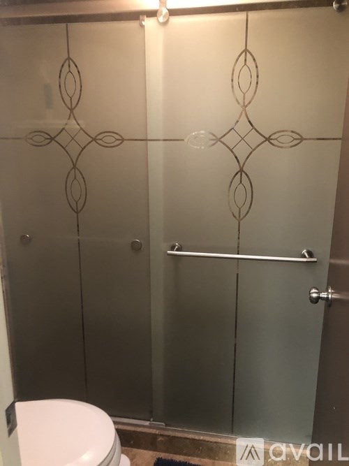 A glass shower door with a decorative design.