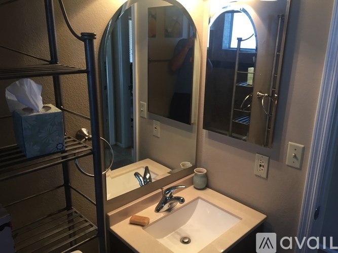 A bathroom with a sink, mirror, and towel rack.