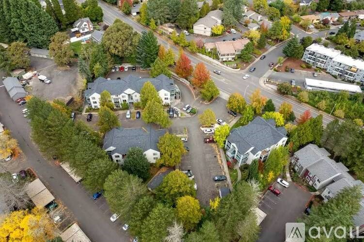 An aerial view of a neighborhood with houses and trees.