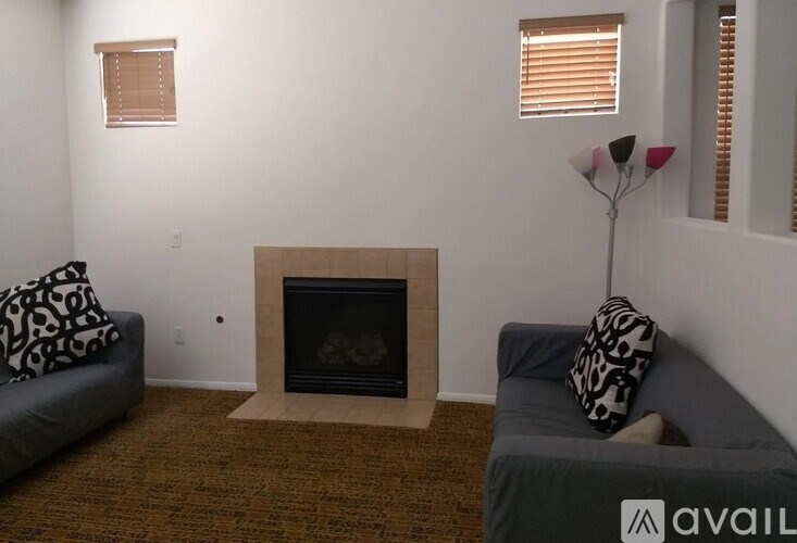 A living room with a grey couch, a fireplace, and a lamp.