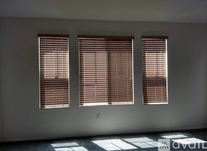 Three windows with blinds are open, letting light into the room.