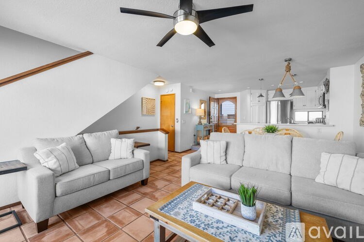 A living room with a ceiling fan and two couches.