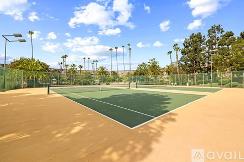 Tennis court with a net and trees in the background.