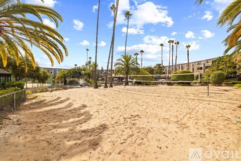 A sandy area with palm trees and a building in the background.