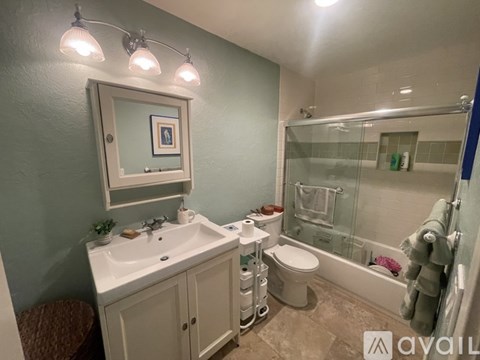 A bathroom with a white sink, toilet, and a glass shower stall.