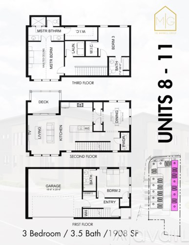 A floor plan for a 3 bedroom, 3.5 bath unit at 1908 S F St.