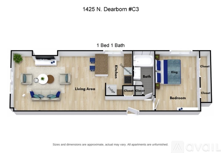 A floor plan of a one bedroom apartment with a living area and a bedroom.