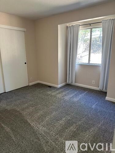 A room with a carpeted floor, a window with white curtains, and a white door.