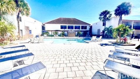 A pool surrounded by sun loungers and palm trees.