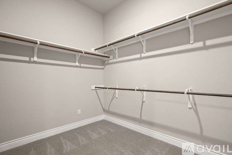 Empty white closet with shelves and carpeted floor.