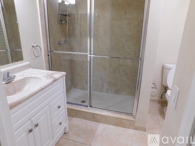 A bathroom with a walk-in shower and a sink.