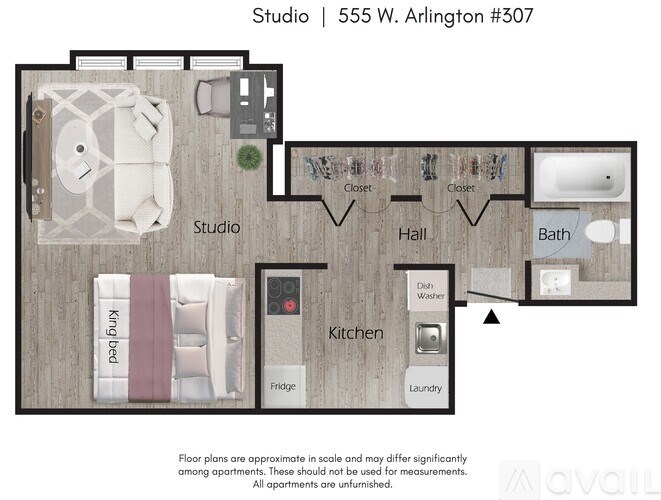 A floor plan of a studio apartment at 555 W. Arlington #307.