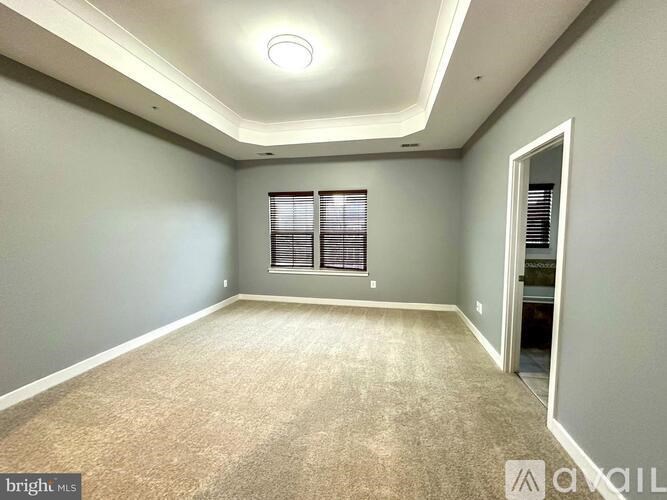 A well-lit room with carpeted floor and a window with blinds.