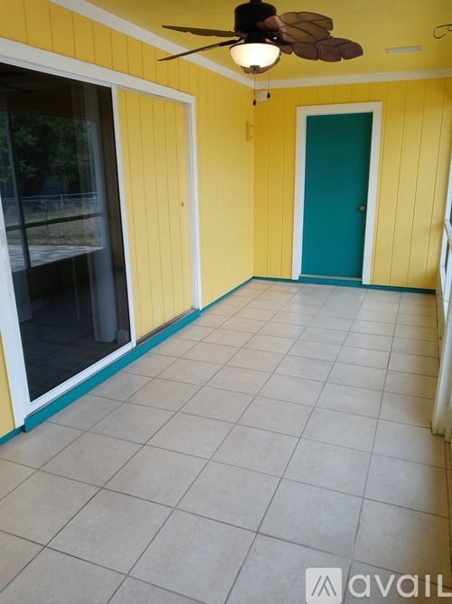 A room with yellow walls and a blue door.