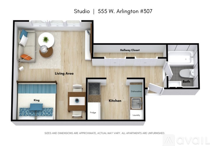 A floor plan of a studio apartment at 555 W. Arlington #307.