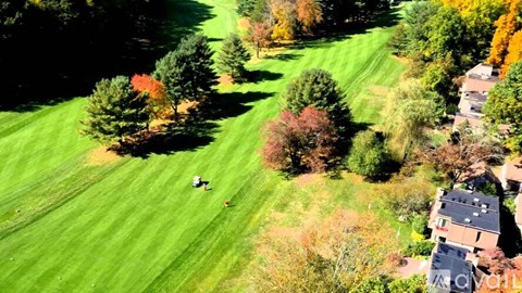A golf cart is parked on a green golf course.