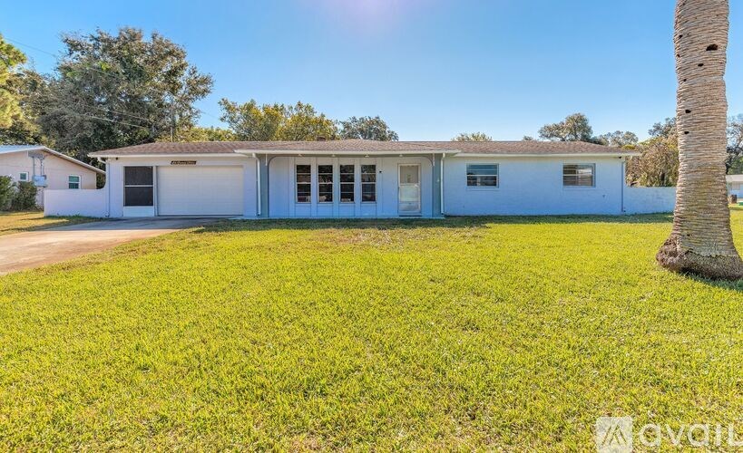 A white house with a palm tree in front.