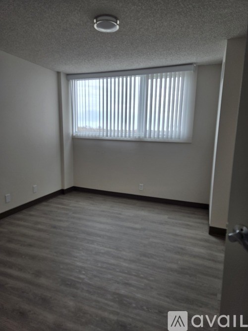 A room with a window covered by blinds and a carpeted floor.