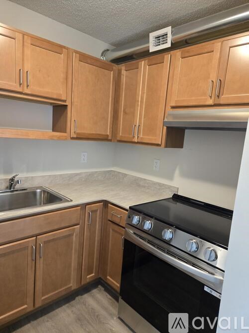 A kitchen with wooden cabinets and a stove top oven.